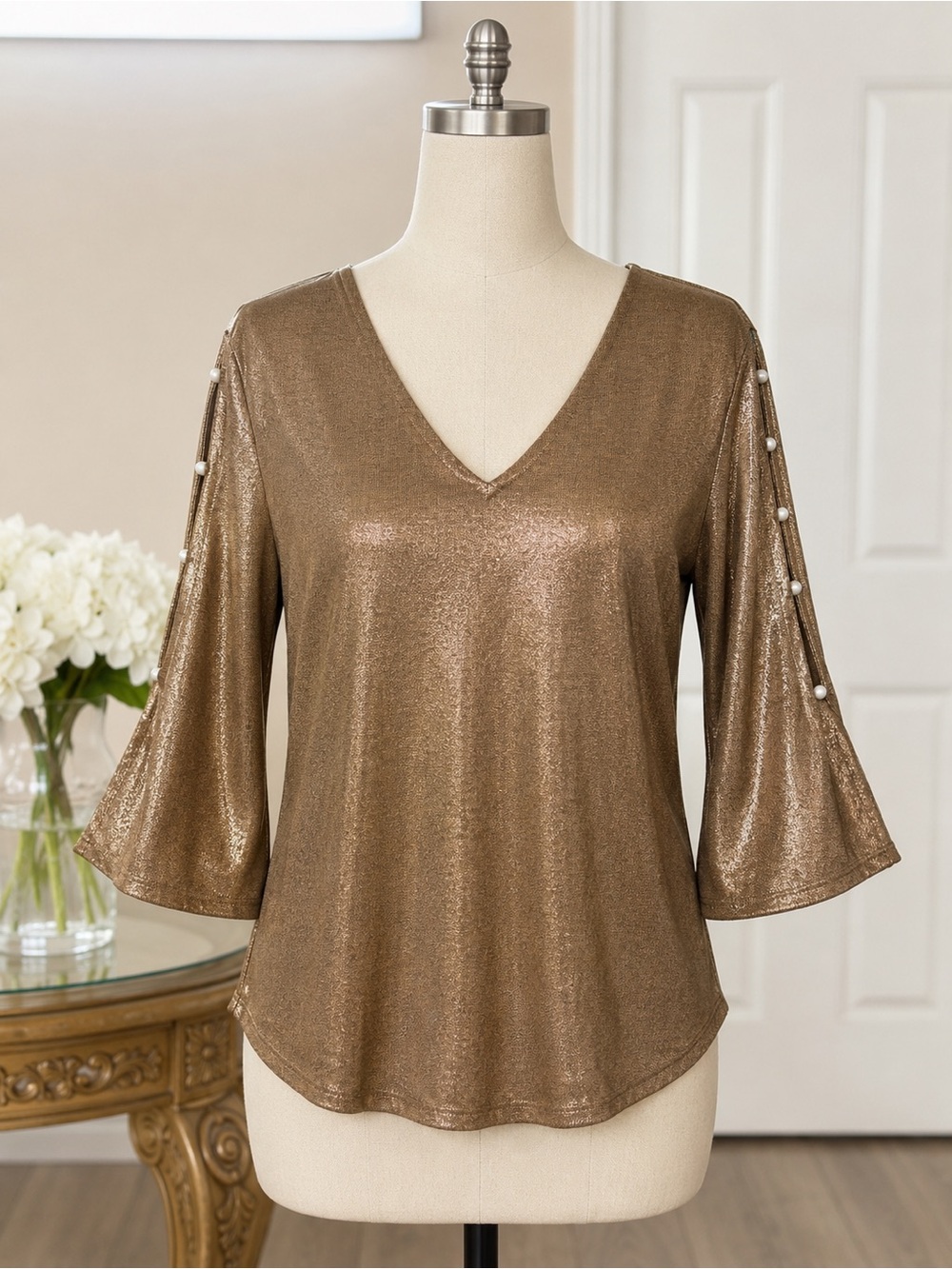 NWT Michael Kors Metallic Bronze V-Neck Pearl Sleeve Blouse Top XL Gold Shimmer